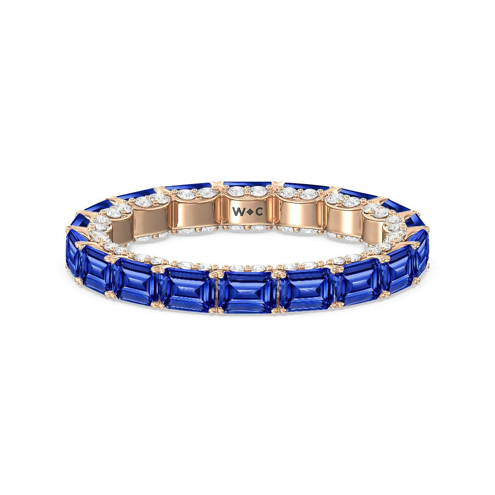 East-West Created Sapphire Emerald Split Prong Studded Gallery Eternity Ring