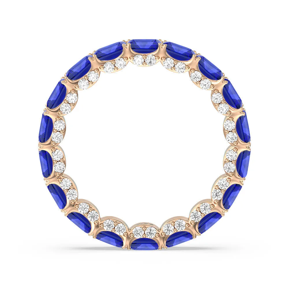 East-West Created Sapphire Emerald Split Prong Studded Gallery Eternity Ring