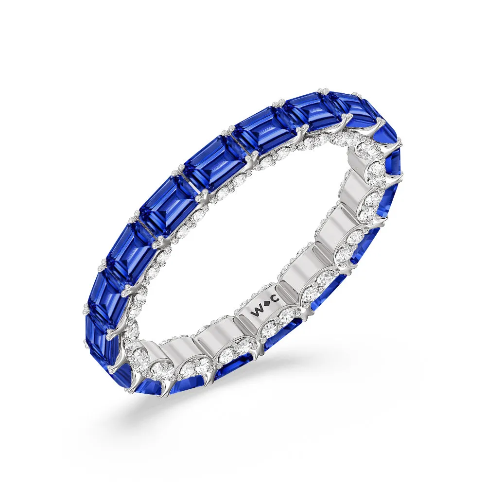 East-West Created Sapphire Emerald Split Prong Studded Gallery Eternity Ring