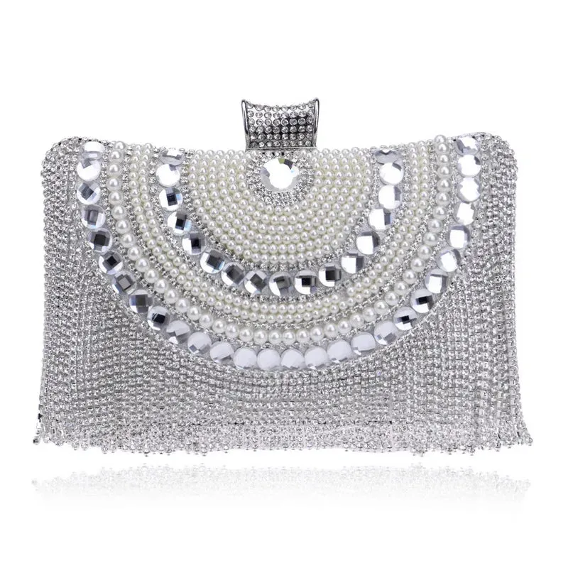 Elegant Beaded Metal Bag with Chain Shoulder Strap - Perfect for Luxury Weeding