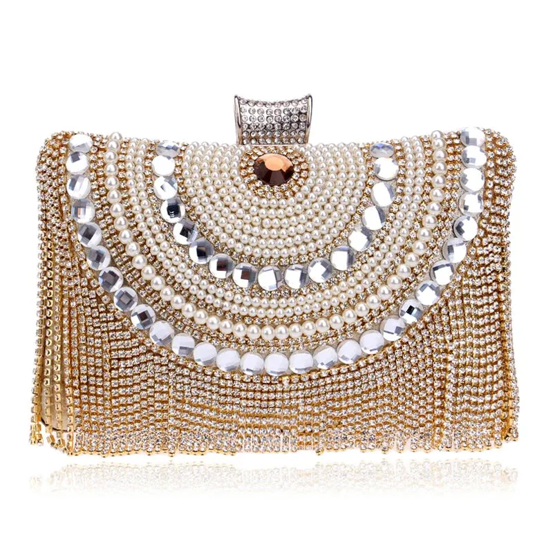 Elegant Beaded Metal Bag with Chain Shoulder Strap - Perfect for Luxury Weeding