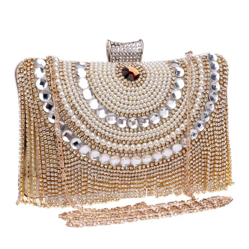 Elegant Beaded Metal Bag with Chain Shoulder Strap - Perfect for Luxury Weeding