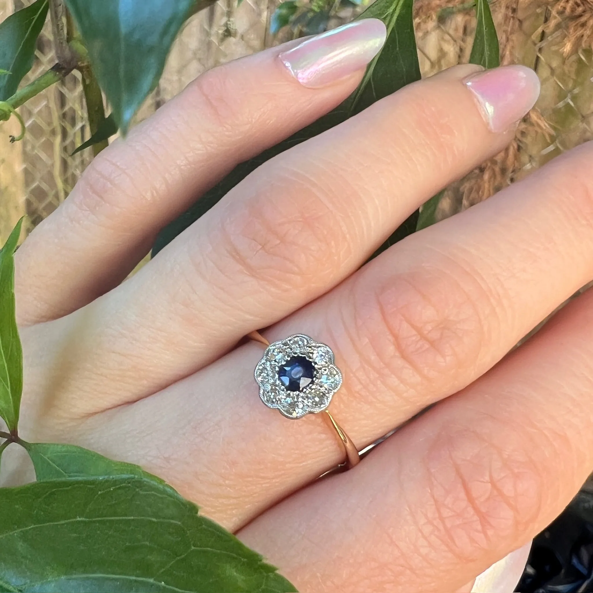 English Sapphire & Diamond Flower Ring in 18ct & Platinum