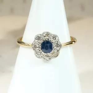 English Sapphire & Diamond Flower Ring in 18ct & Platinum