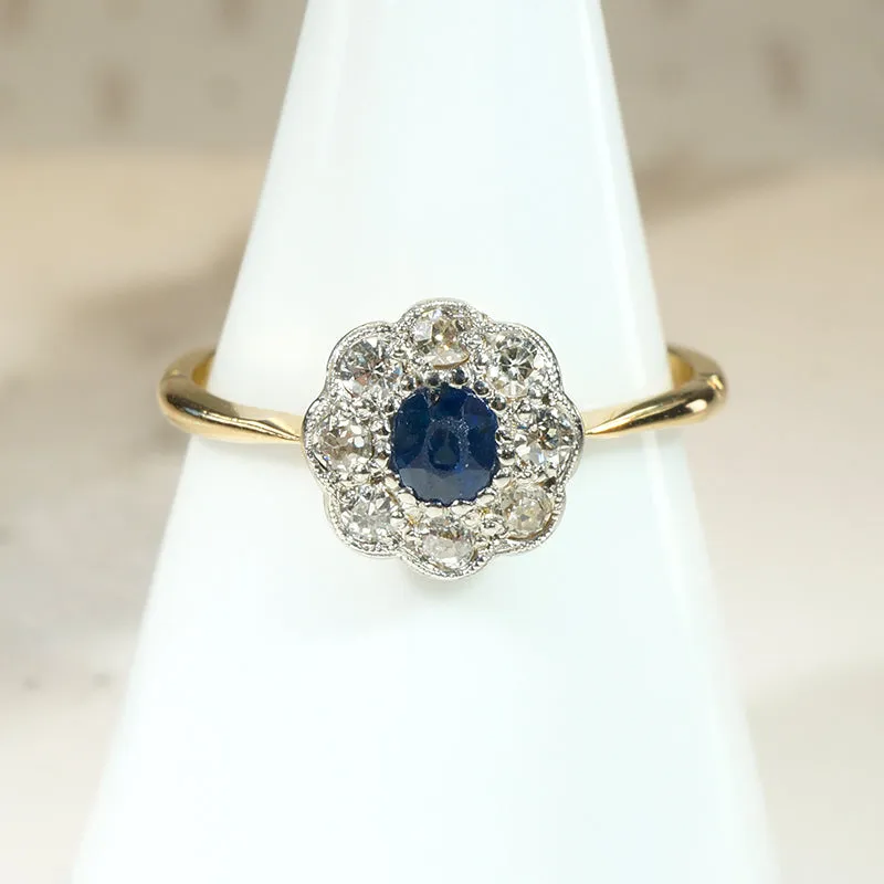 English Sapphire & Diamond Flower Ring in 18ct & Platinum