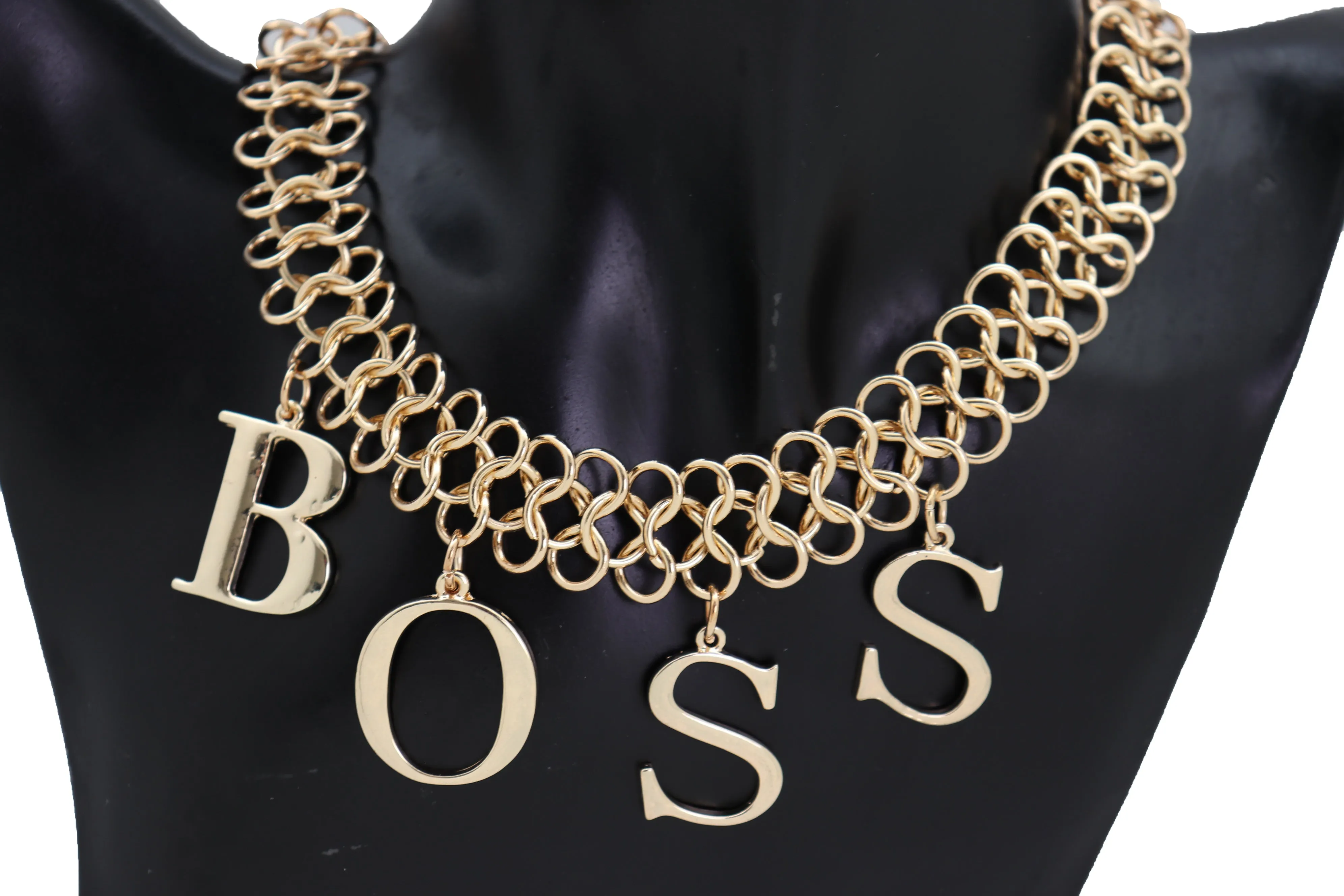Fashion Necklace Gold Mesh Metal Chain Links BOSS Pendant Charm Jewelry