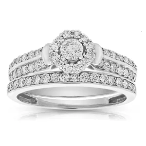 Floral Multi Row Bridal Rings Set in 14K White Gold