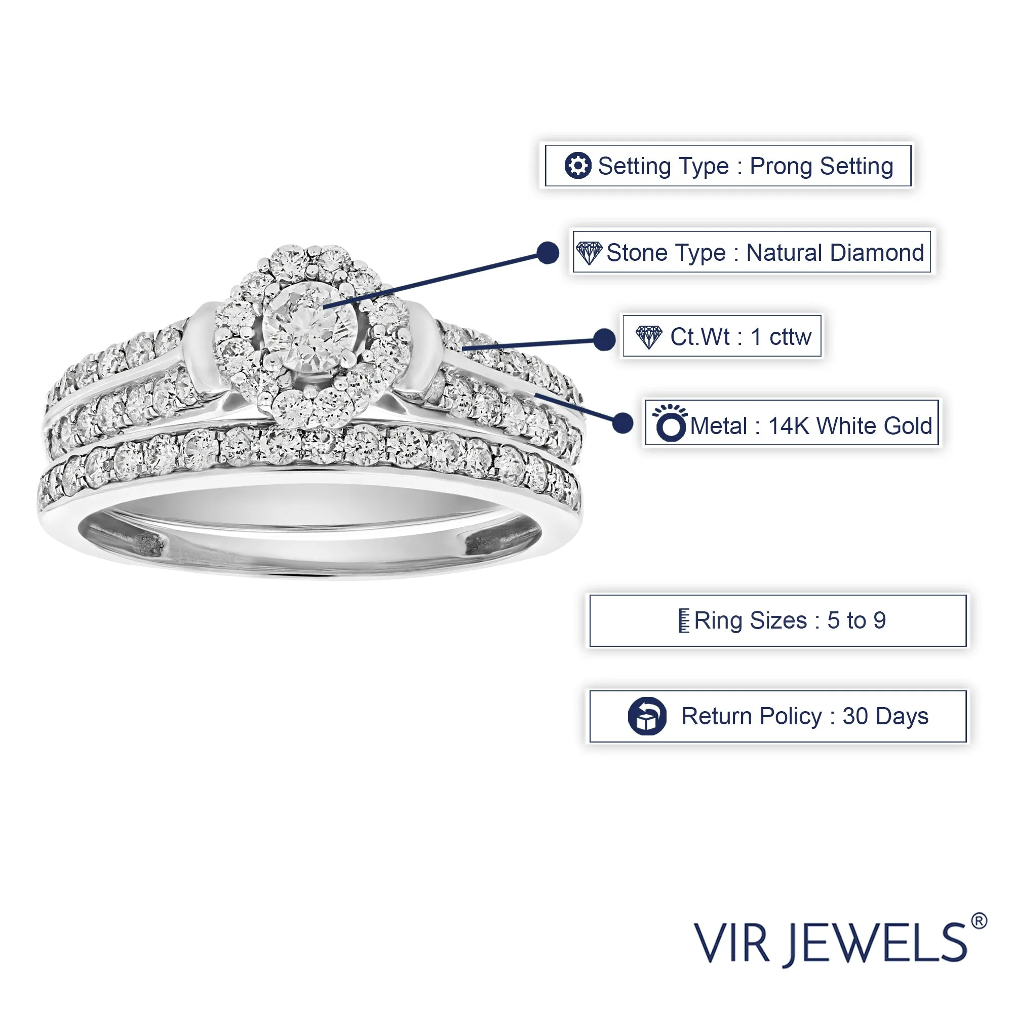 Floral Multi Row Bridal Rings Set in 14K White Gold
