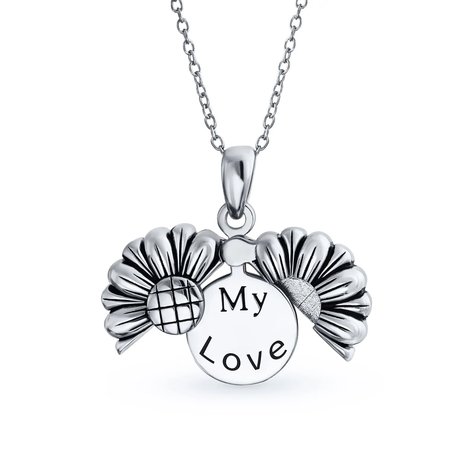 Floral Sunflower Locket Necklace with Inspirational Saying Rhodium Plated Silver