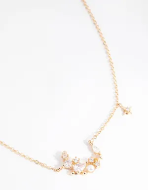 Gold Cubic Zirconia Mixed Stone Moon Necklace