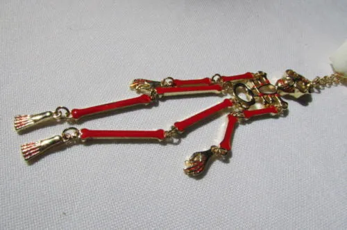 Gold Metal Chains Red Skeleton Body Pendant 13" Long Necklace Halloween Style