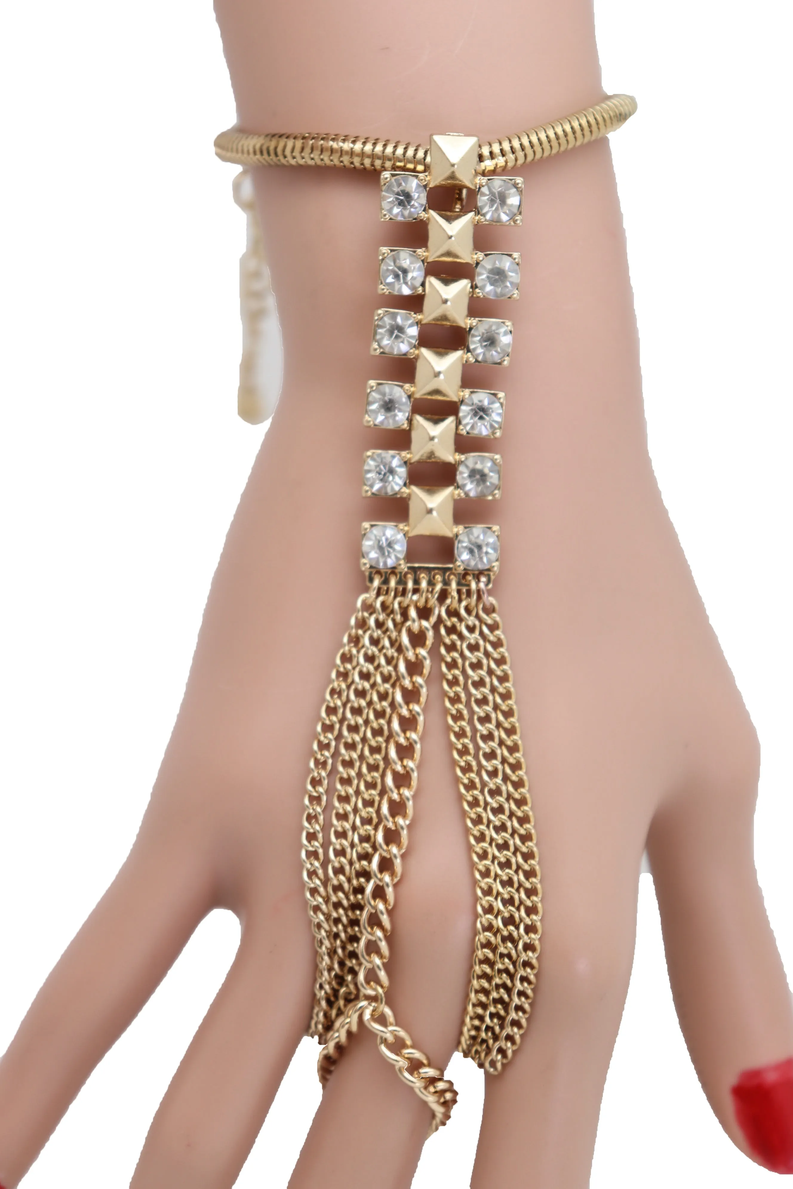 Gold Metal Hand Chain Wrist Bracelet Bling Connected Ring Tassel Fringes