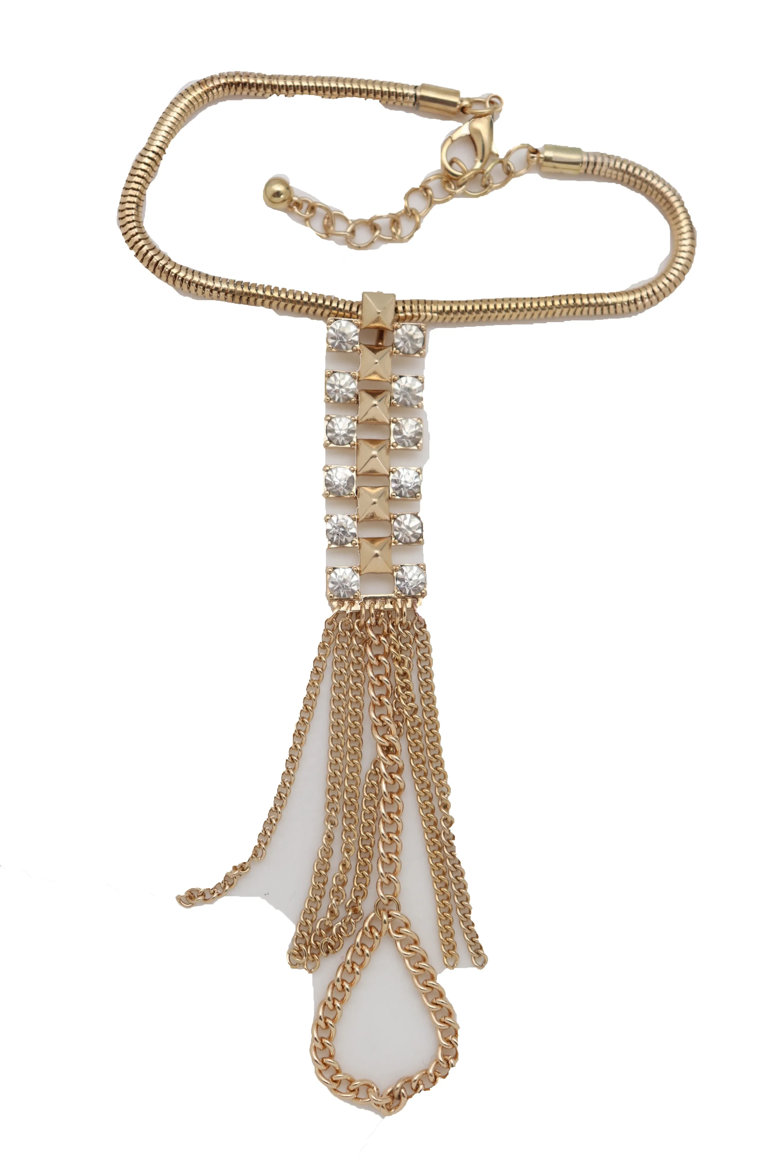 Gold Metal Hand Chain Wrist Bracelet Bling Connected Ring Tassel Fringes