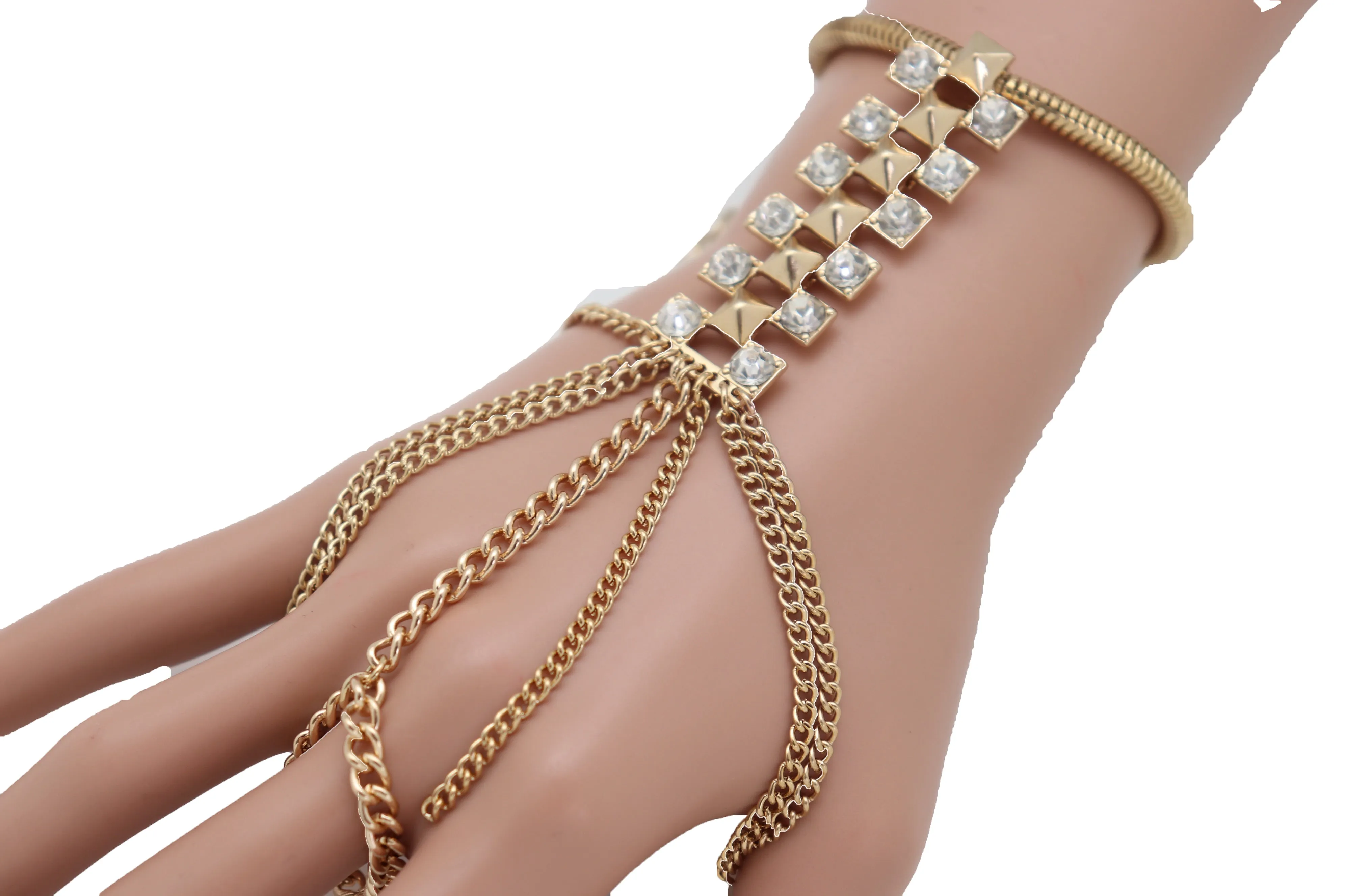Gold Metal Hand Chain Wrist Bracelet Bling Connected Ring Tassel Fringes