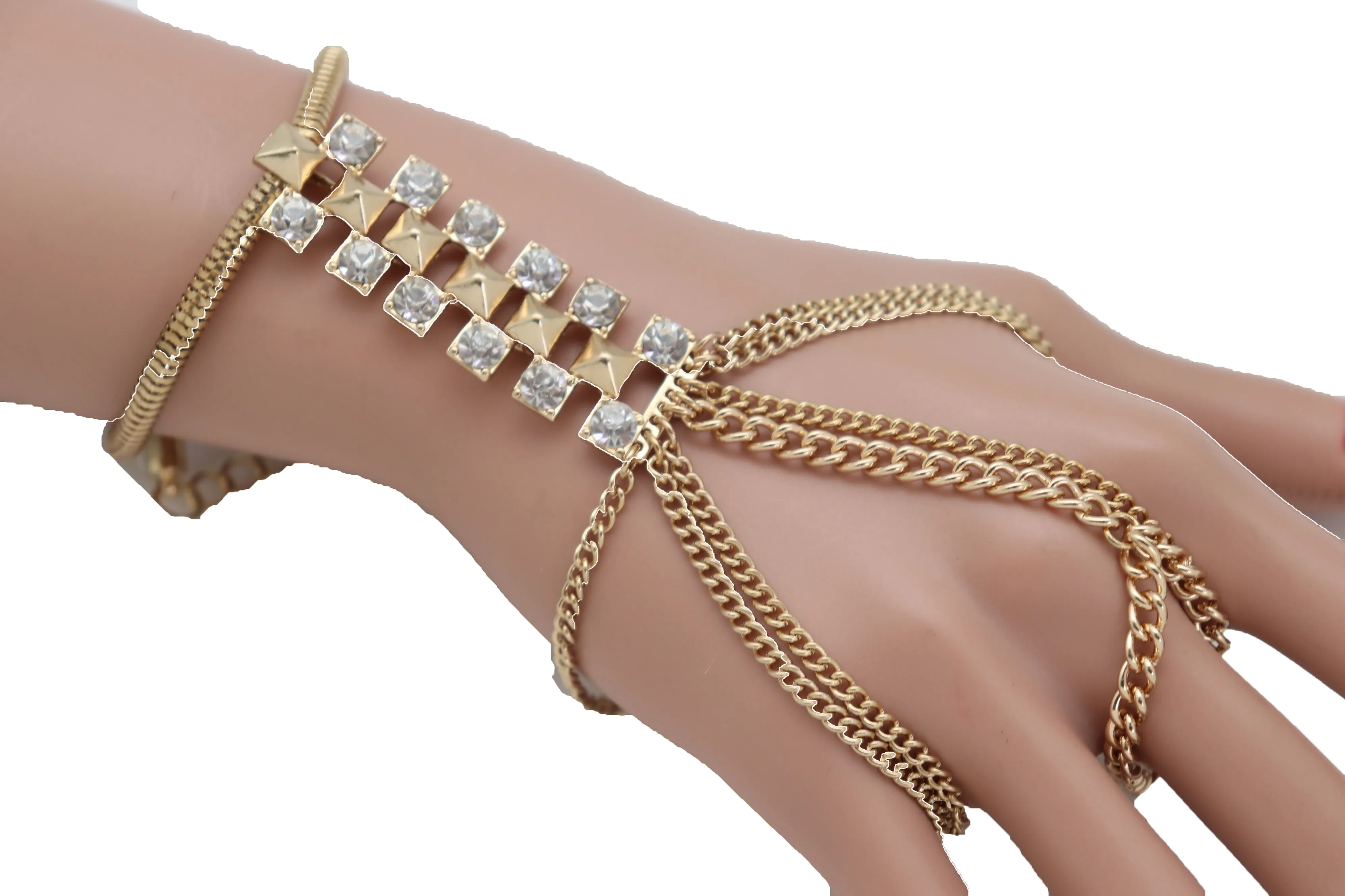 Gold Metal Hand Chain Wrist Bracelet Bling Connected Ring Tassel Fringes