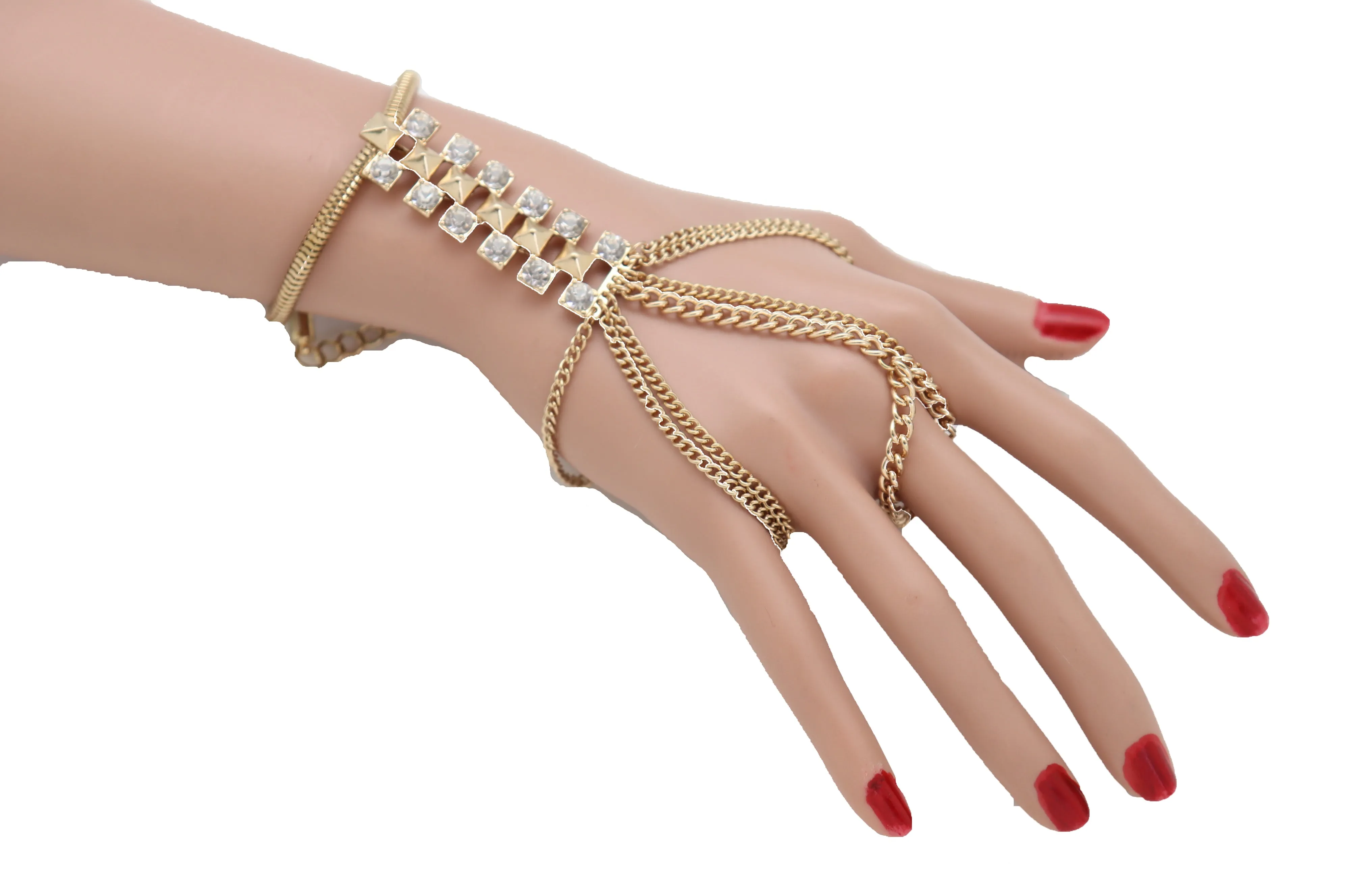 Gold Metal Hand Chain Wrist Bracelet Bling Connected Ring Tassel Fringes