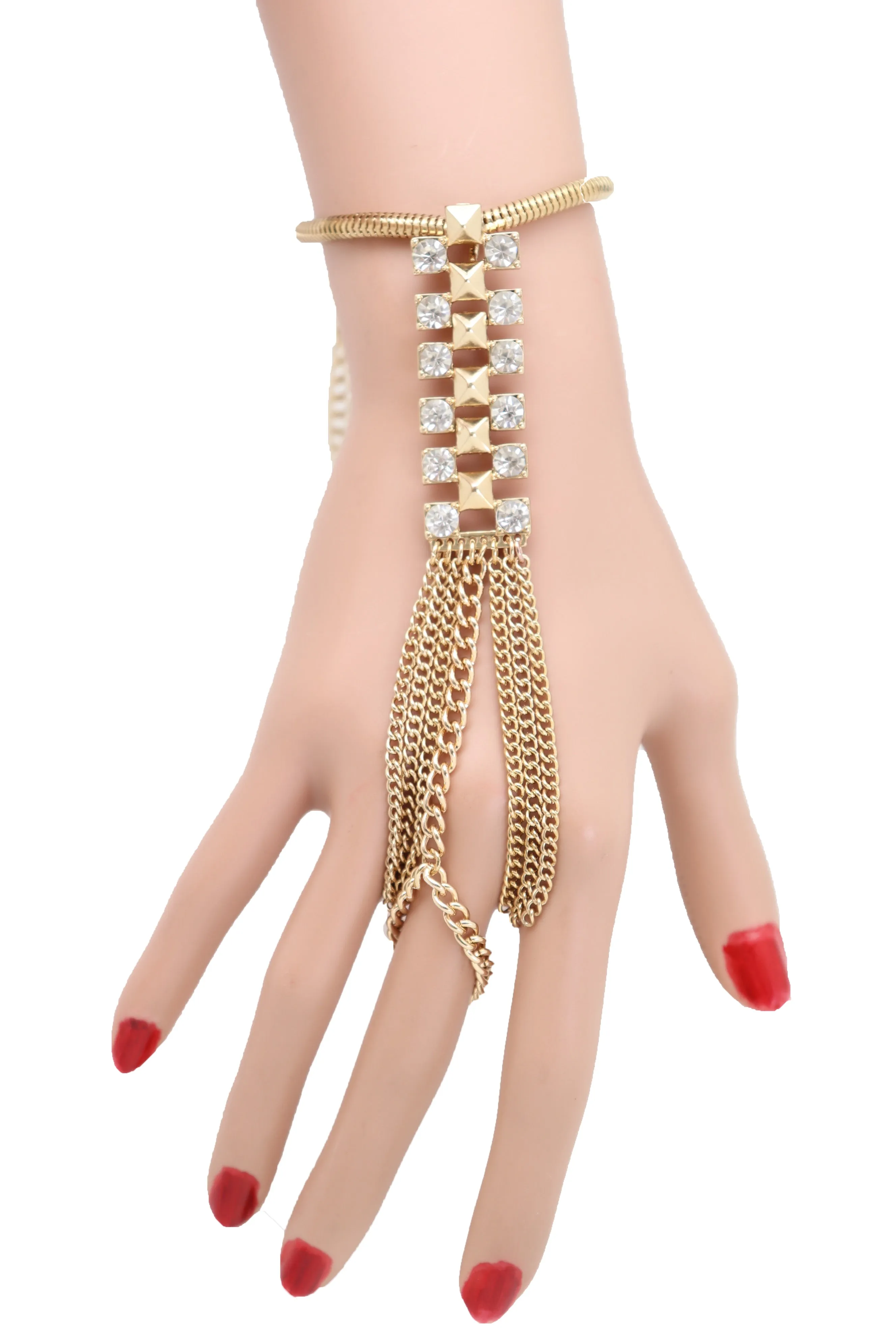 Gold Metal Hand Chain Wrist Bracelet Bling Connected Ring Tassel Fringes