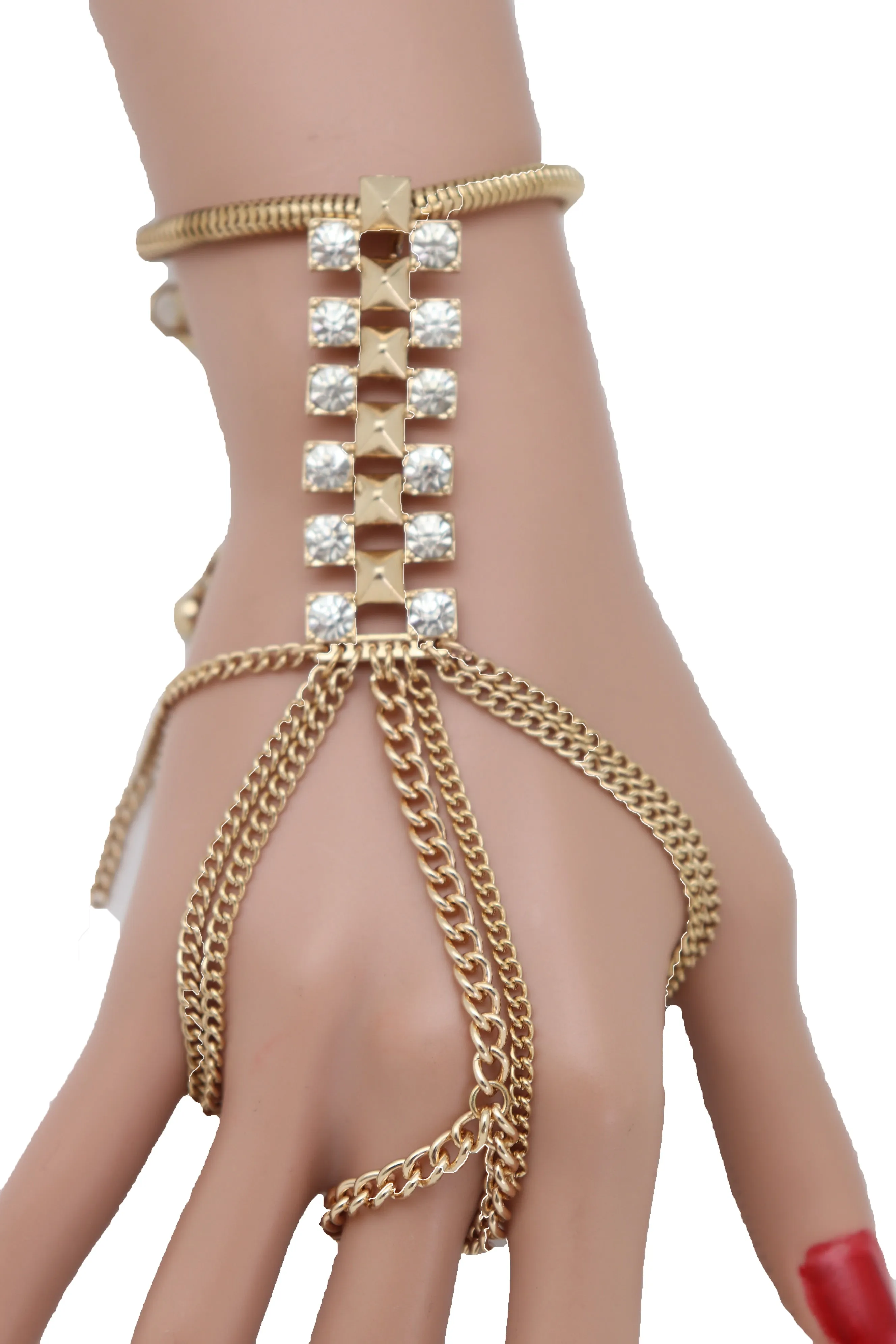 Gold Metal Hand Chain Wrist Bracelet Bling Connected Ring Tassel Fringes