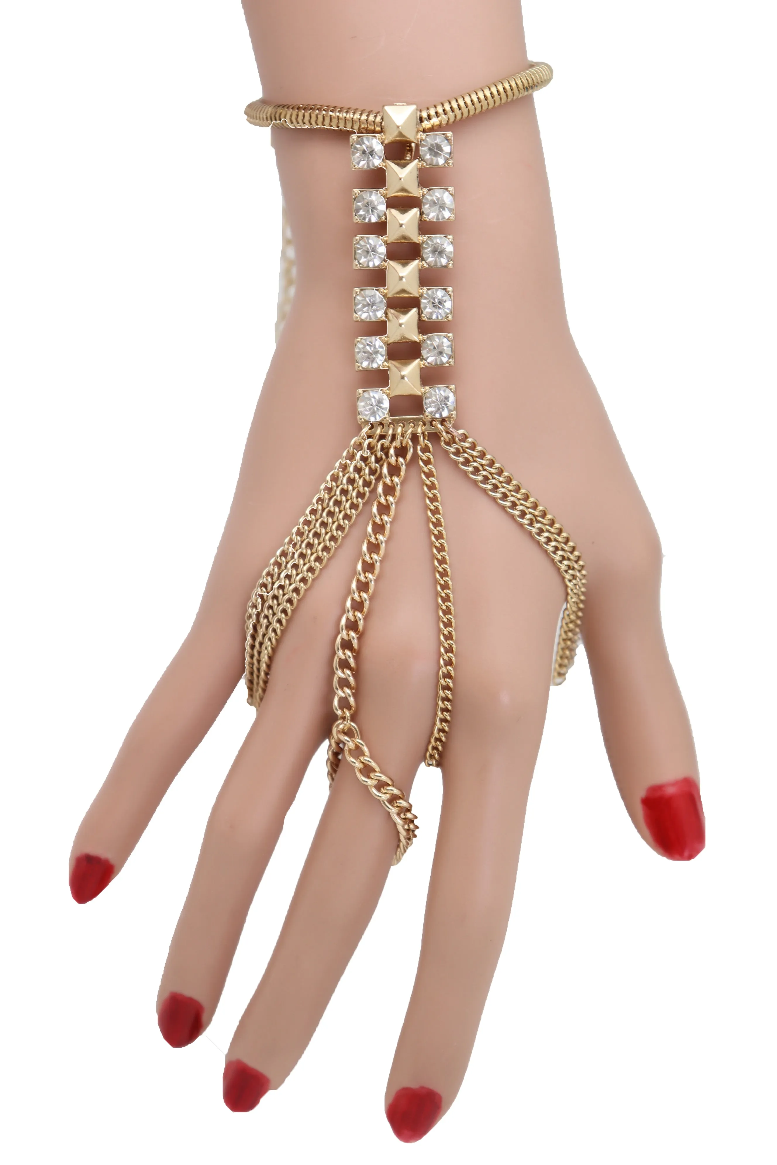 Gold Metal Hand Chain Wrist Bracelet Bling Connected Ring Tassel Fringes