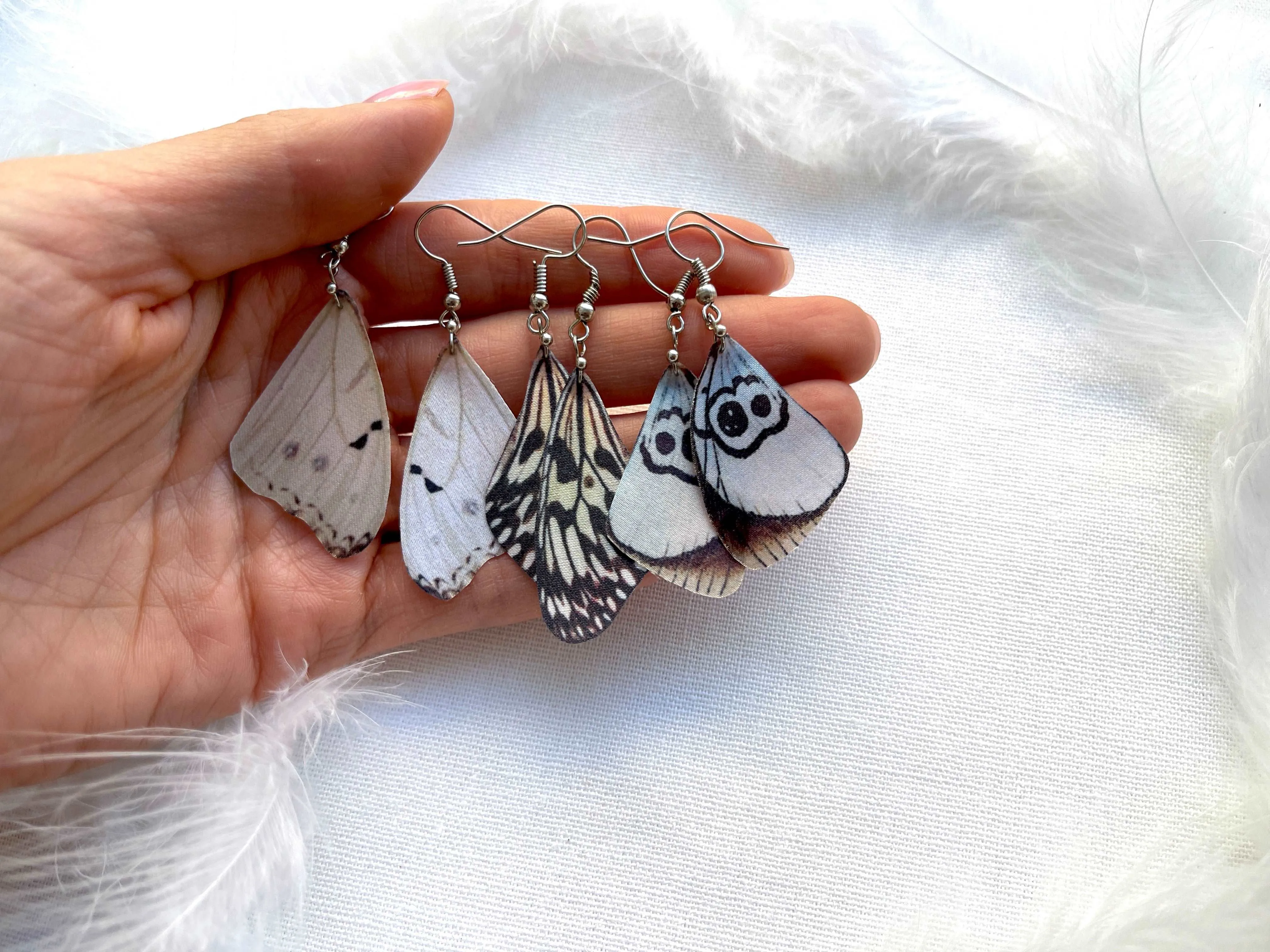 Hand made earrings off white color with silk butterfly wings in boho chic style perfect gift for any occasion to mom sister or girl friend