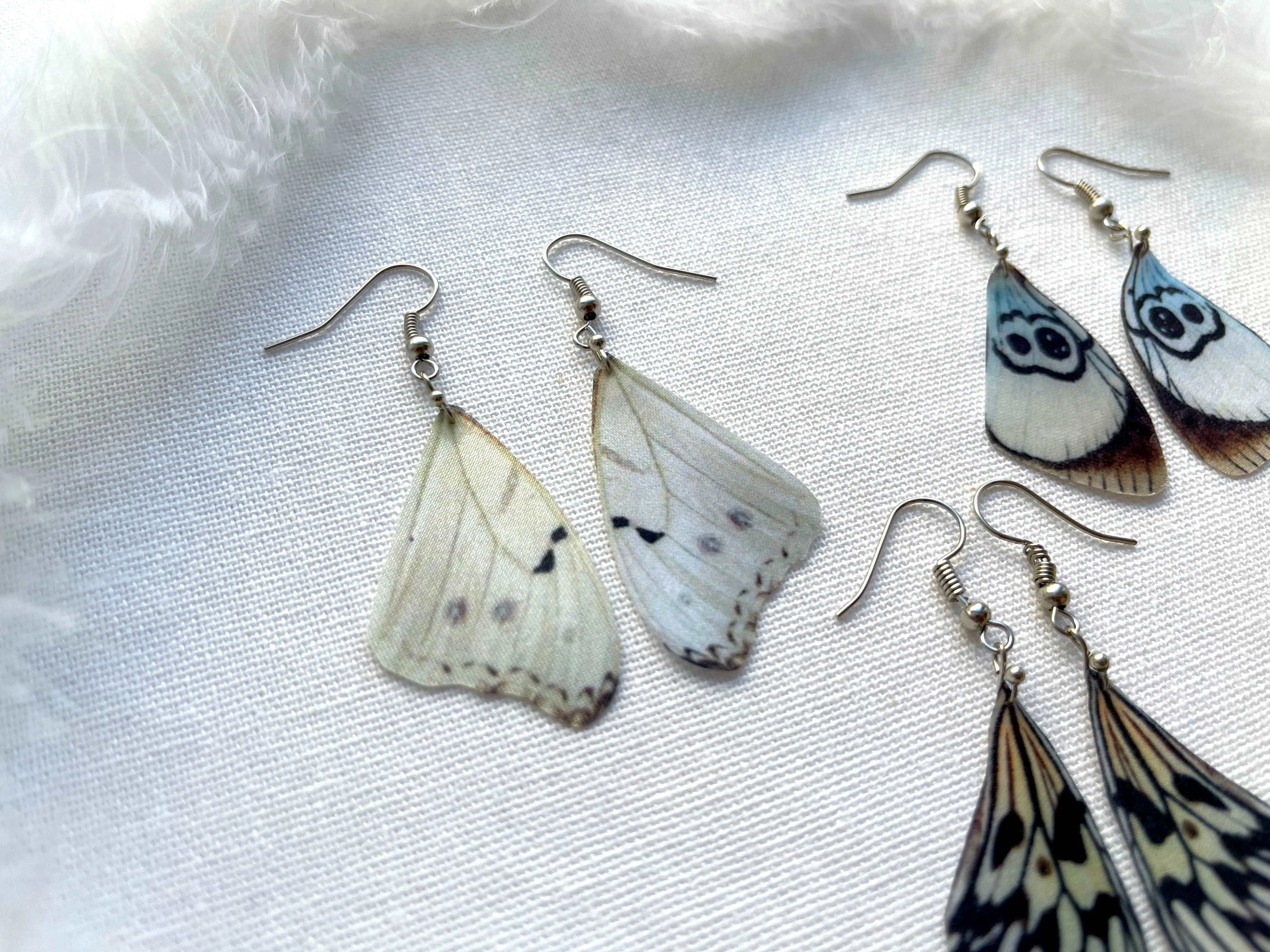 Hand made earrings off white color with silk butterfly wings in boho chic style perfect gift for any occasion to mom sister or girl friend