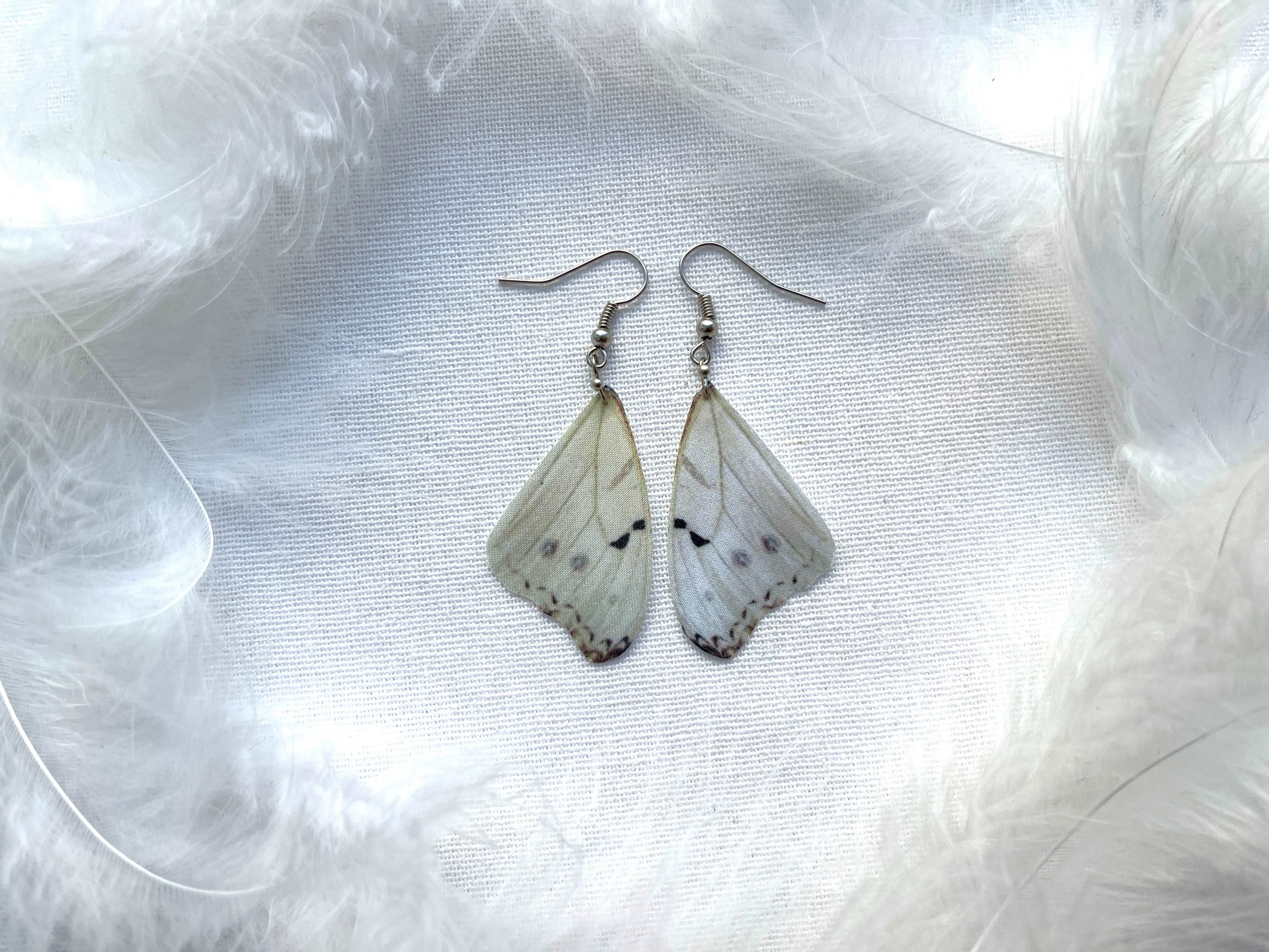 Hand made earrings off white color with silk butterfly wings in boho chic style perfect gift for any occasion to mom sister or girl friend