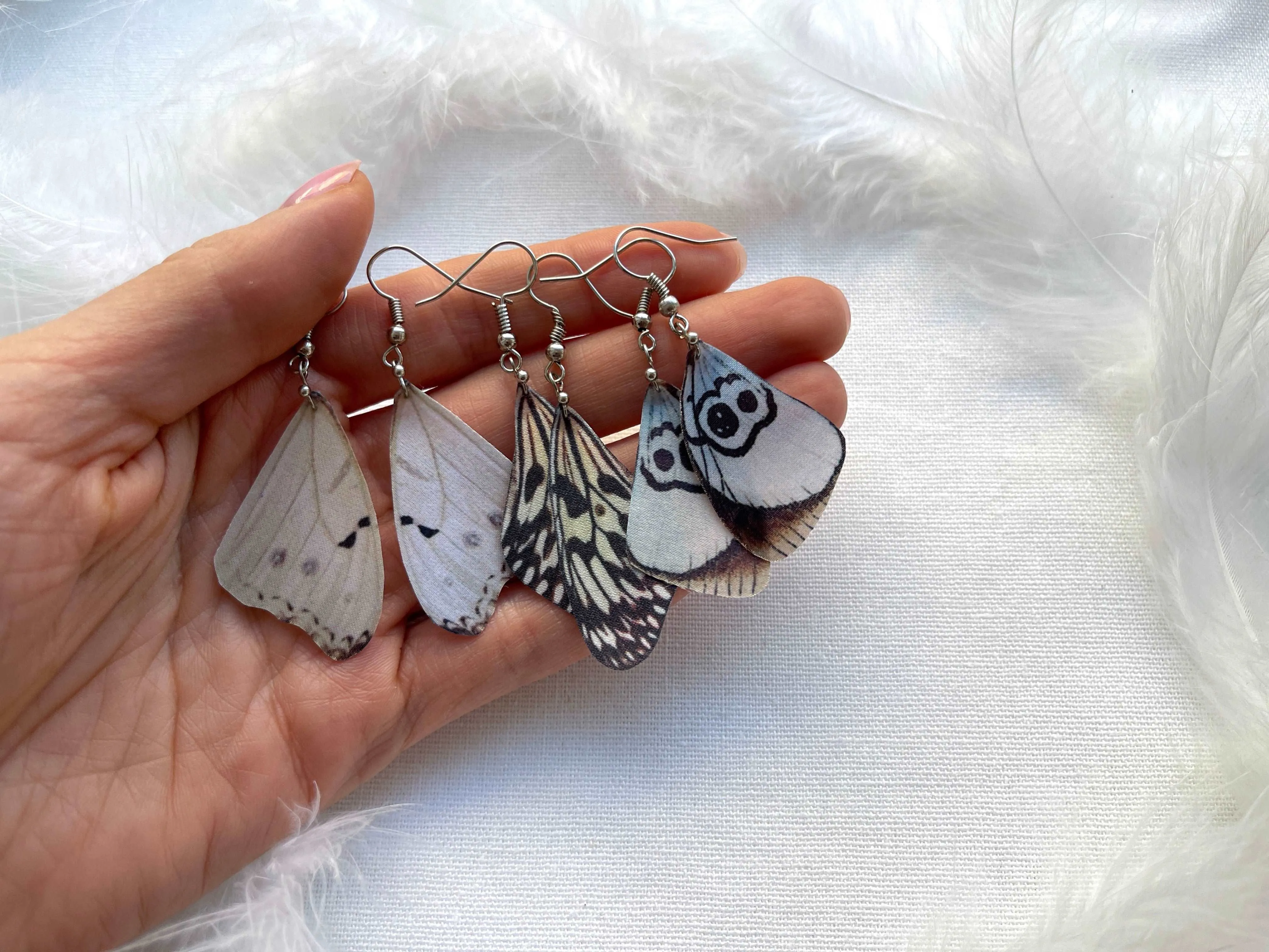 Hand made earrings off white color with silk butterfly wings in boho chic style perfect gift for any occasion to mom sister or girl friend