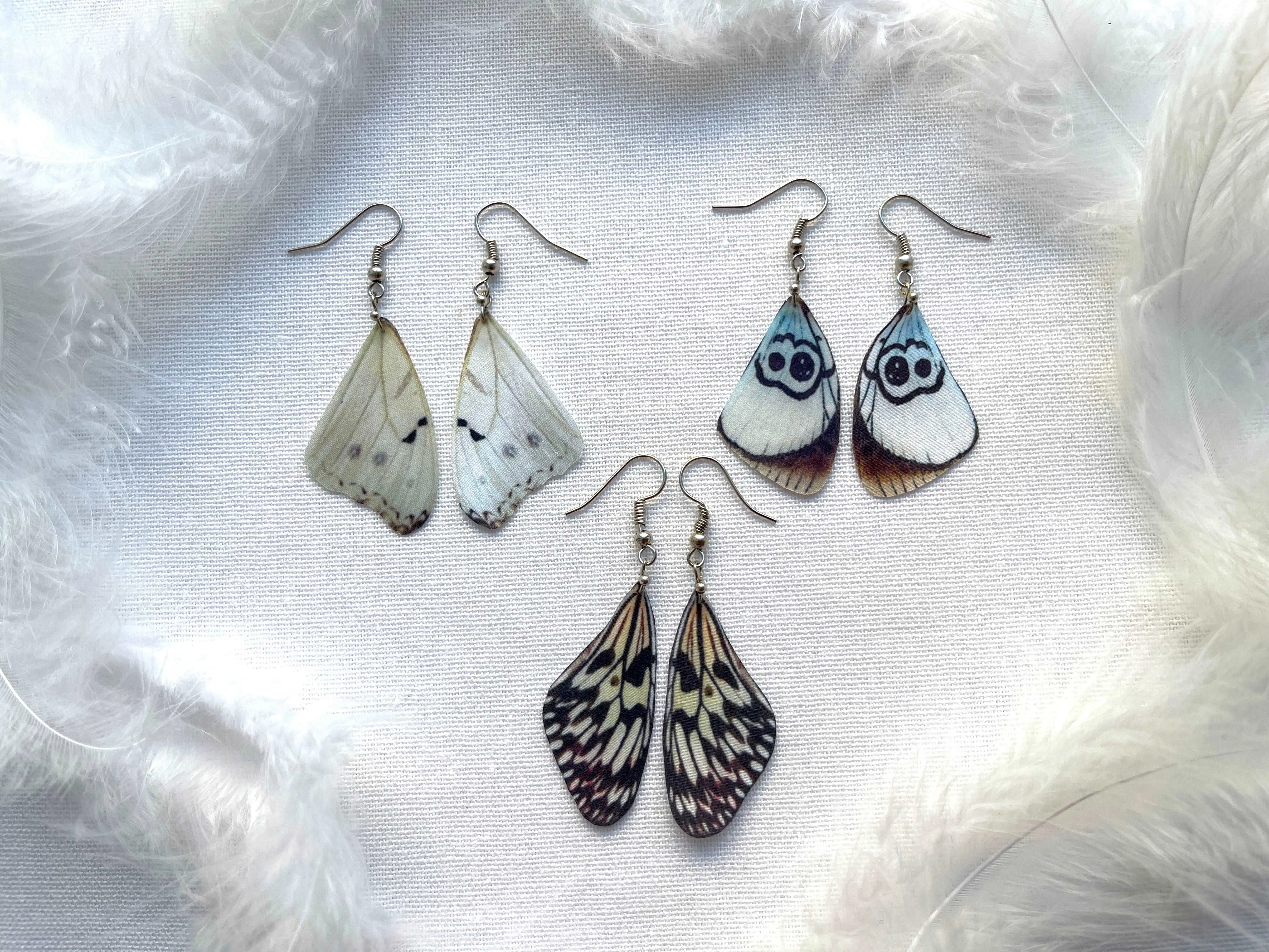 Hand made earrings off white color with silk butterfly wings in boho chic style perfect gift for any occasion to mom sister or girl friend