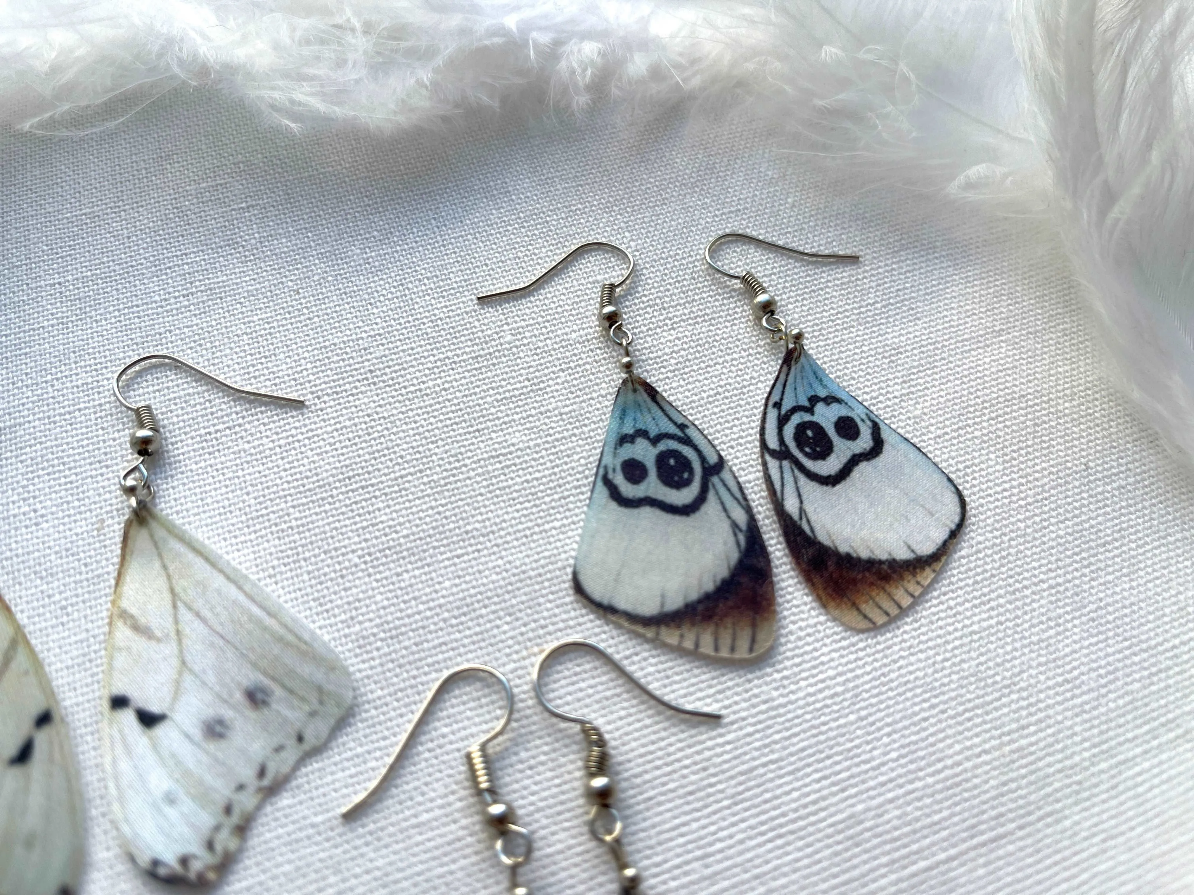 Hand made earrings off white color with silk butterfly wings in boho chic style perfect gift for any occasion to mom sister or girl friend