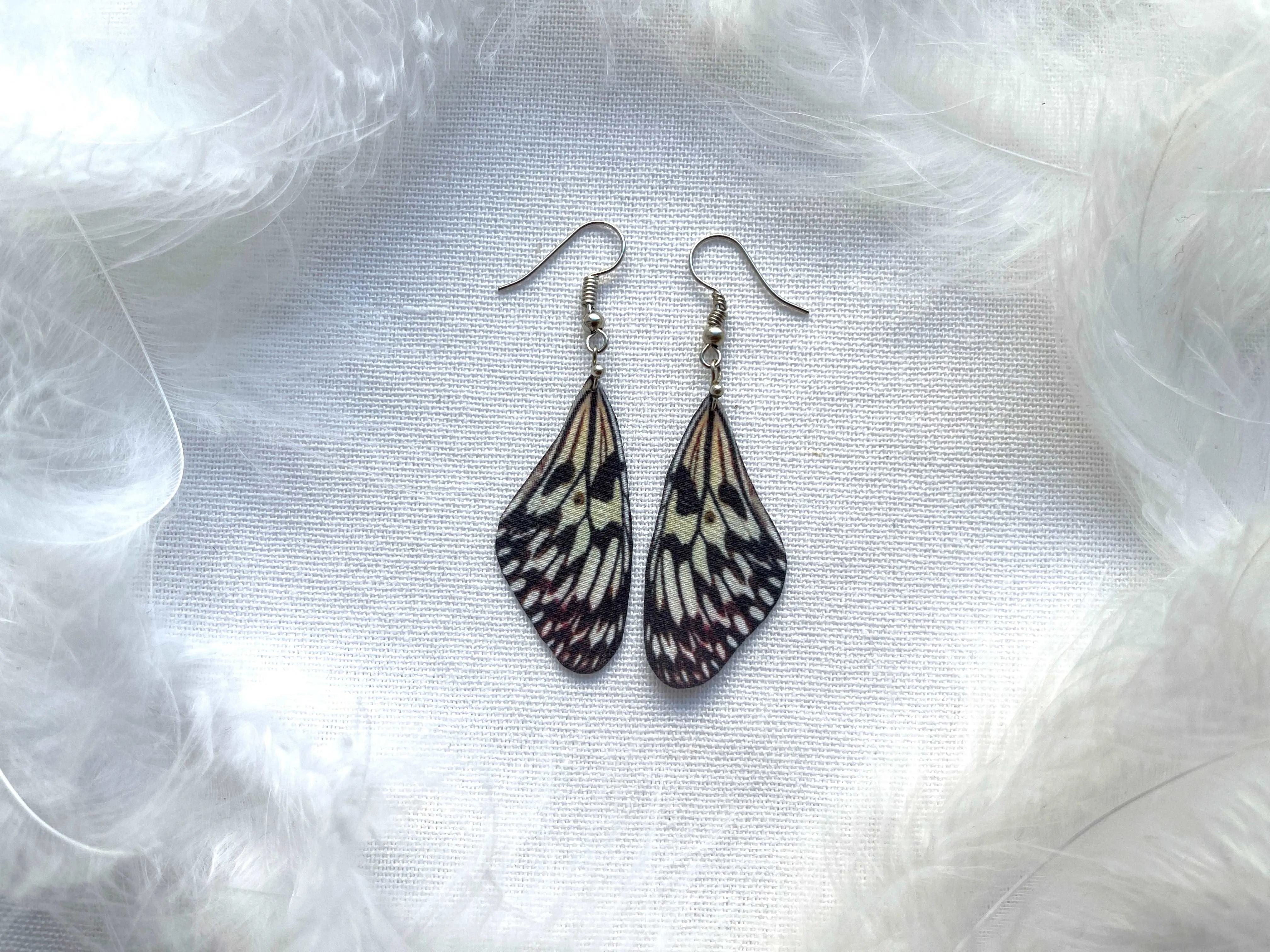 Hand made earrings off white color with silk butterfly wings in boho chic style perfect gift for any occasion to mom sister or girl friend