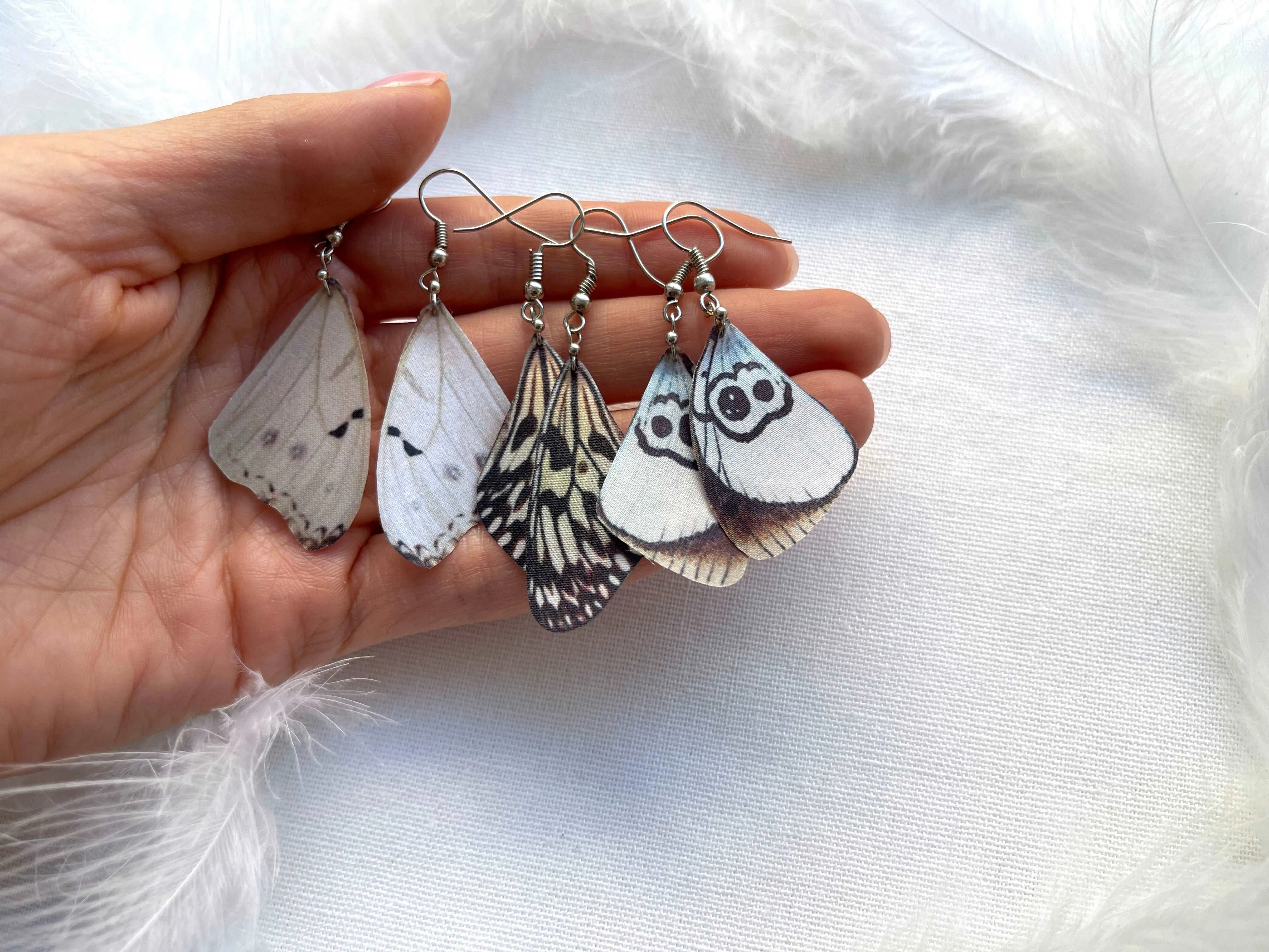 Hand made earrings off white color with silk butterfly wings in boho chic style perfect gift for any occasion to mom sister or girl friend
