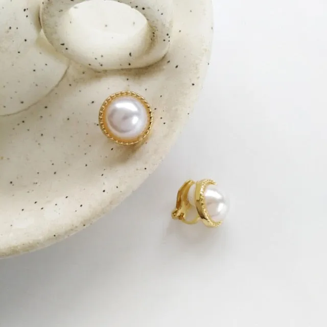 Korean New Simple Geometry Pearl Clip on Earrings