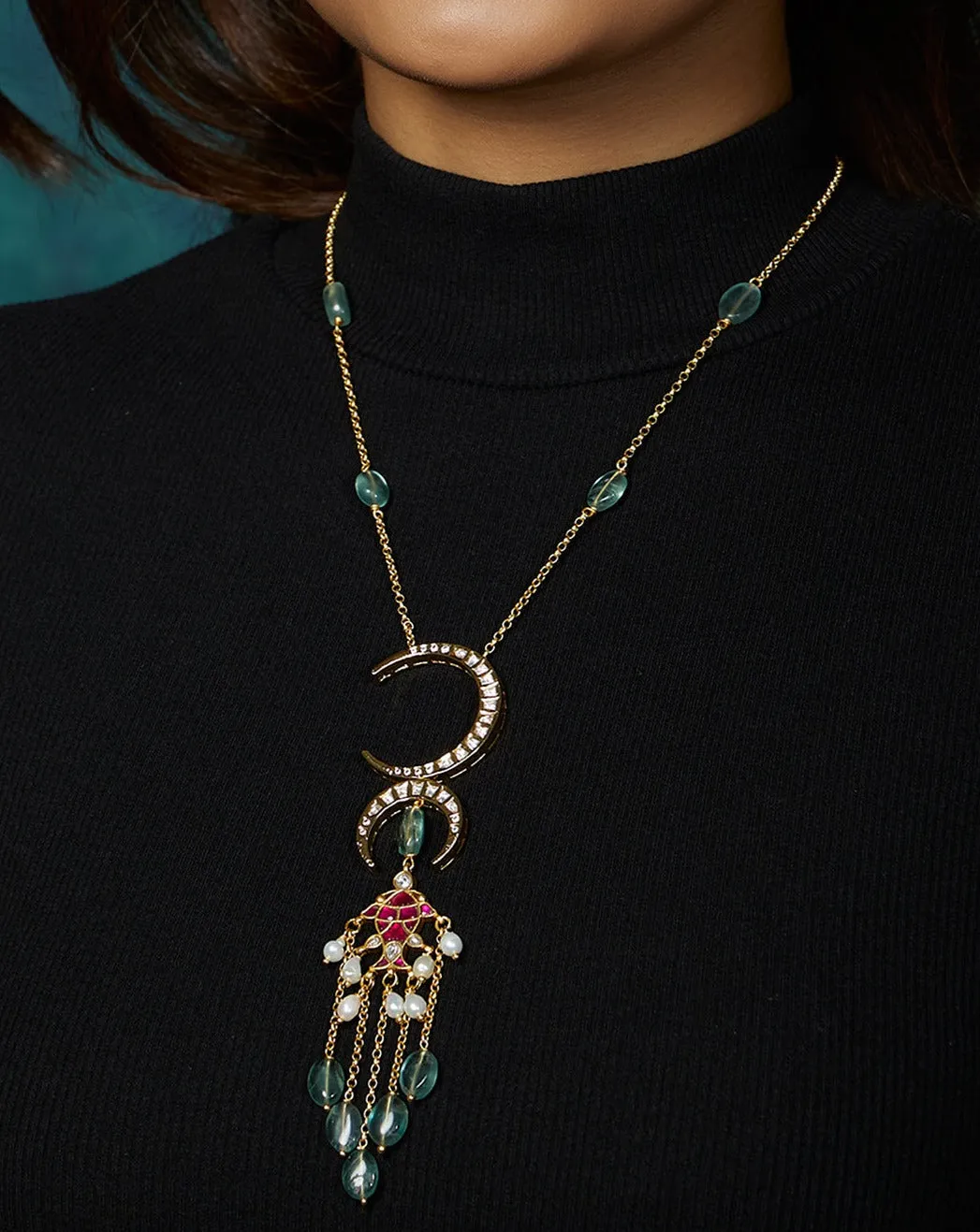 Kundan Polki Red And Green Long Necklace