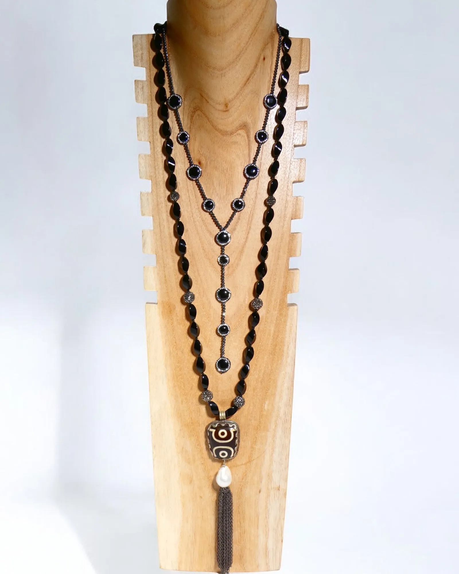 Long Black Gemstone Beaded Tassel Necklace with Square Tribal Centerpiece