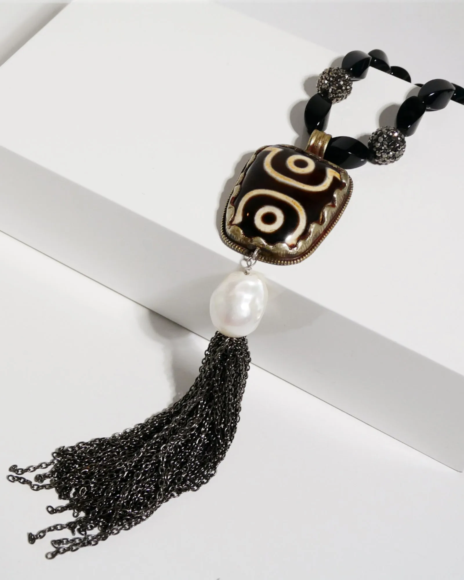 Long Black Gemstone Beaded Tassel Necklace with Square Tribal Centerpiece