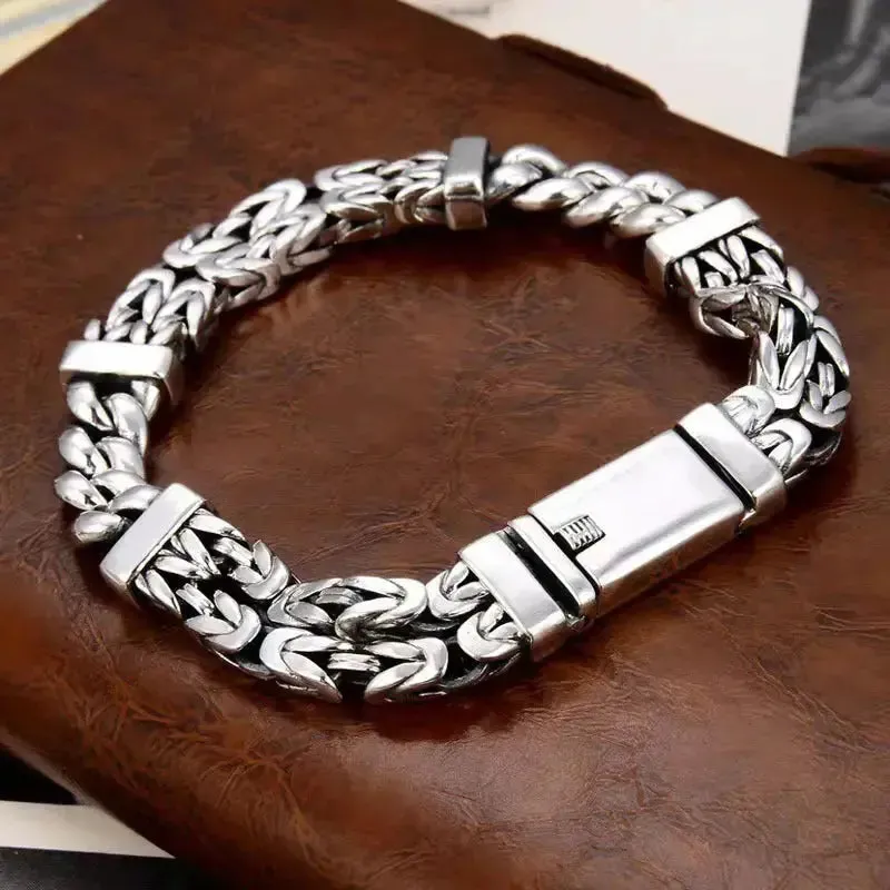 LOVCIA Vintage Style Handmade Double Woven Sterling Silver Men's Bracelet Chain