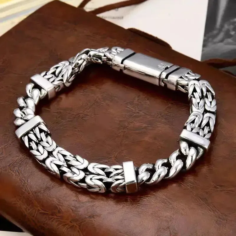 LOVCIA Vintage Style Handmade Double Woven Sterling Silver Men's Bracelet Chain