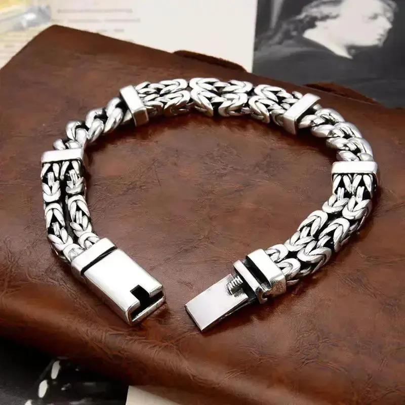LOVCIA Vintage Style Handmade Double Woven Sterling Silver Men's Bracelet Chain