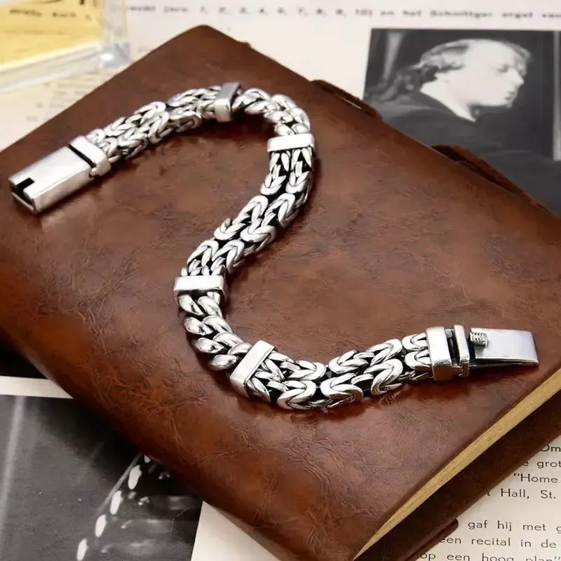 LOVCIA Vintage Style Handmade Double Woven Sterling Silver Men's Bracelet Chain