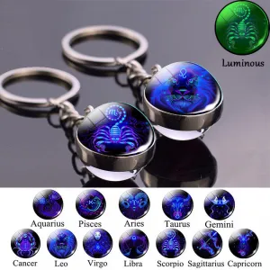 Luminous Keychain Glow In The Dark 12 Zodiac Sign Sphere Ball Crystal
