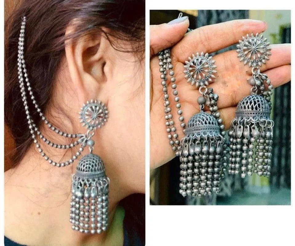 MOST POPULAR Jhumka - Silver Look Oxidized Jhumki with Side Chain, Oxidized Indian Silver Earrings, Black Polish Brass Earrings, Trendy