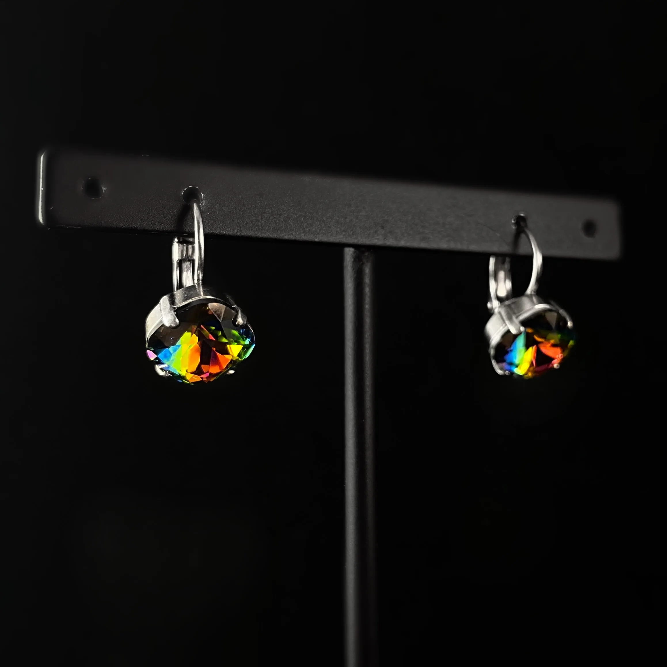 Multi Colored Cushion Cut Crystal Earrings with Antique Silver Finish and Lever-back Closure, Vibrant- Sorrelli