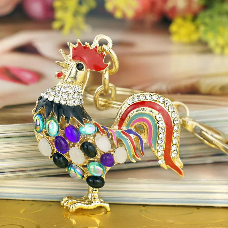 Pretty Chic Opals Cock Rooster Chicken Crystal HandBag Pendant Key ring Keychains Christmas Gift Jewelry