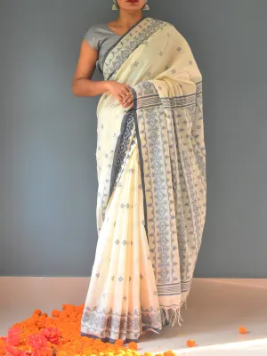 Pure Cotton Jamdani Saree Loral Motifs Off White