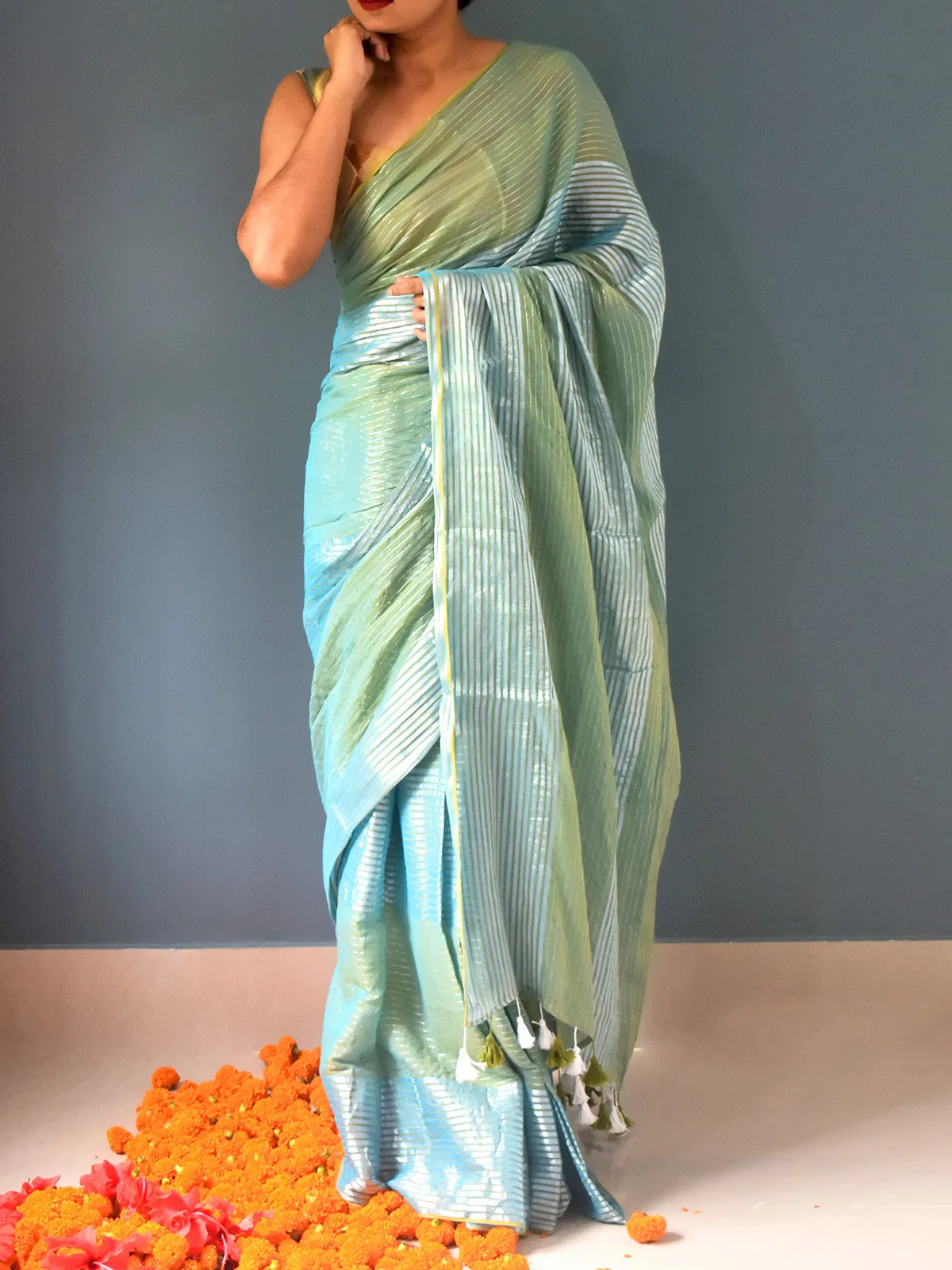 Pure Cotton Saree Zari Stripes Teal