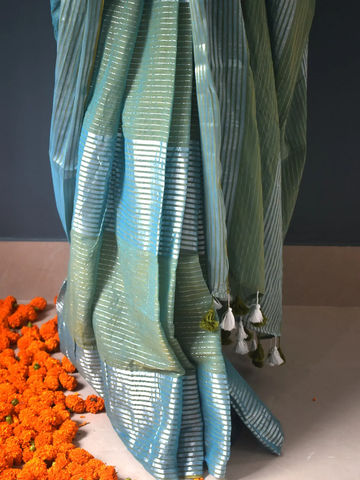 Pure Cotton Saree Zari Stripes Teal
