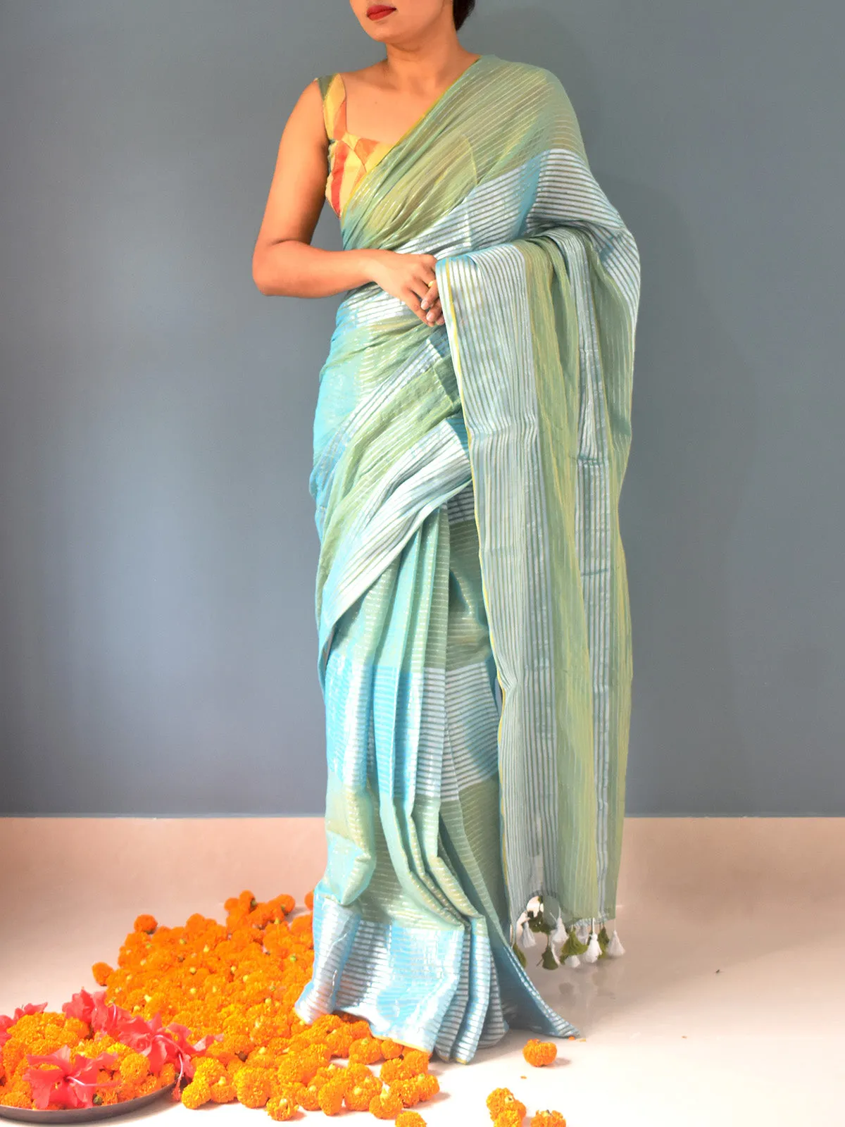 Pure Cotton Saree Zari Stripes Teal