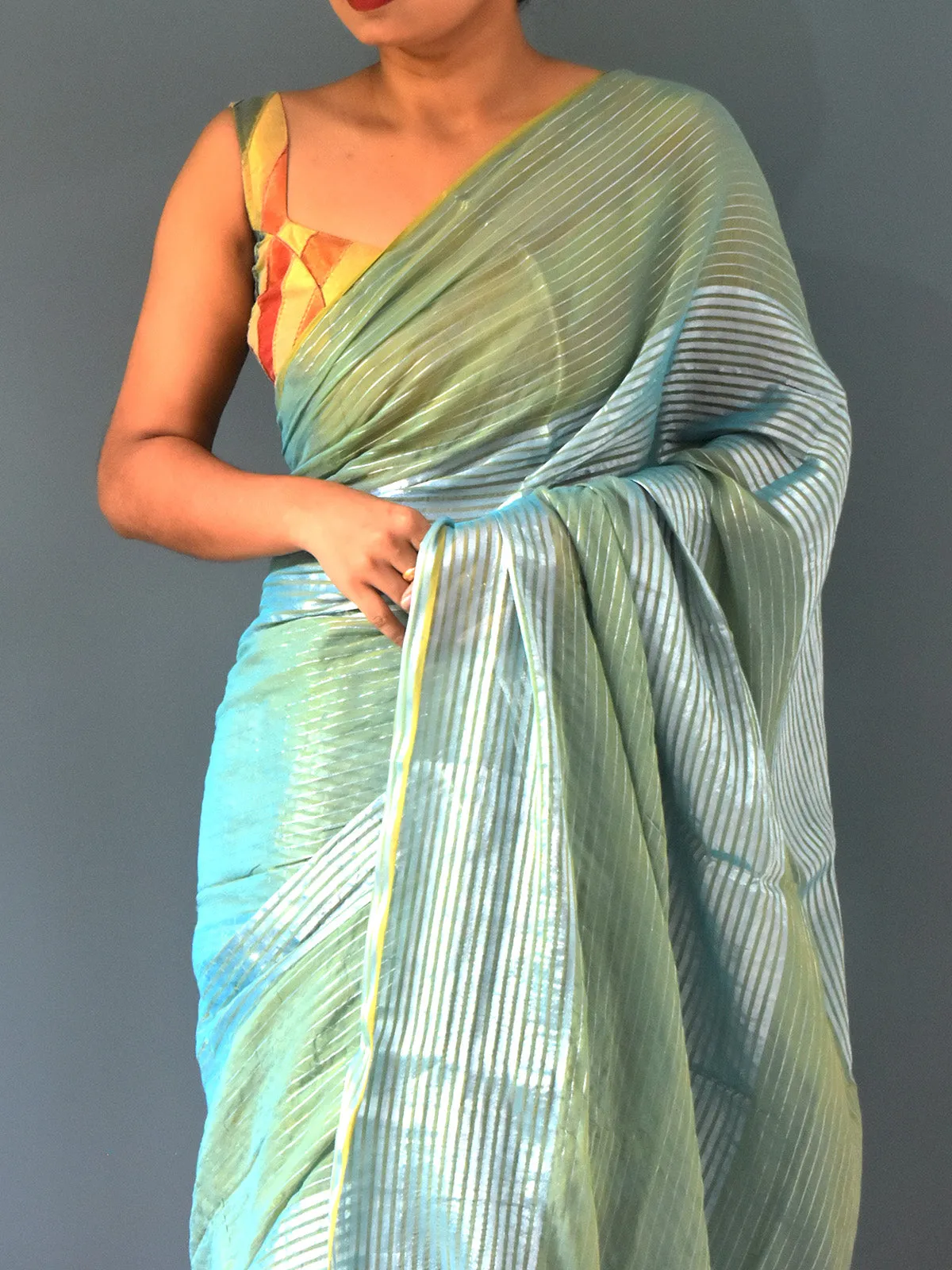 Pure Cotton Saree Zari Stripes Teal