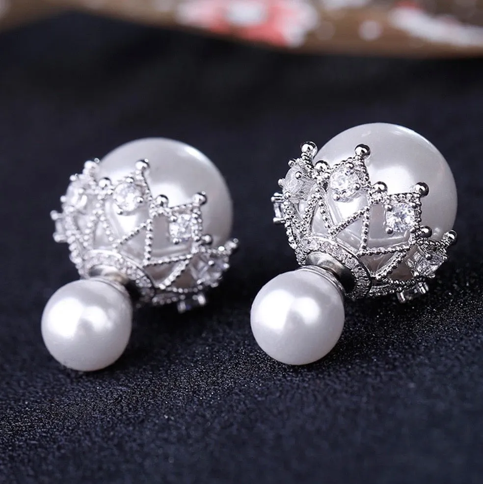 "Noelle" - Double Pearl Bridal Earrings - Available in White and Gray
