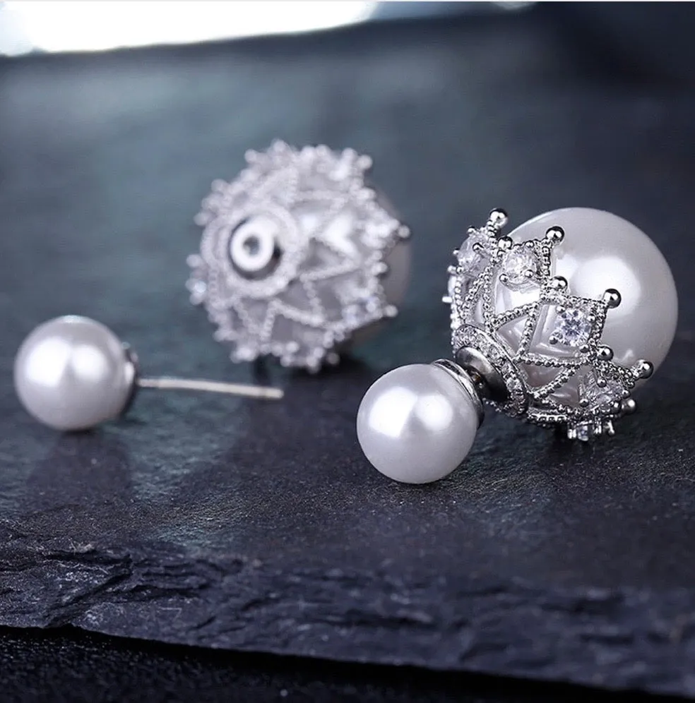 "Noelle" - Double Pearl Bridal Earrings - Available in White and Gray